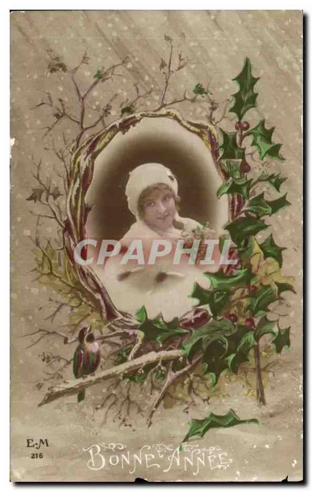 Jeune femme souriante — portrait encadré dans un cadre de branches et de houx — éditeur E.M. n°216 - Vorderseite