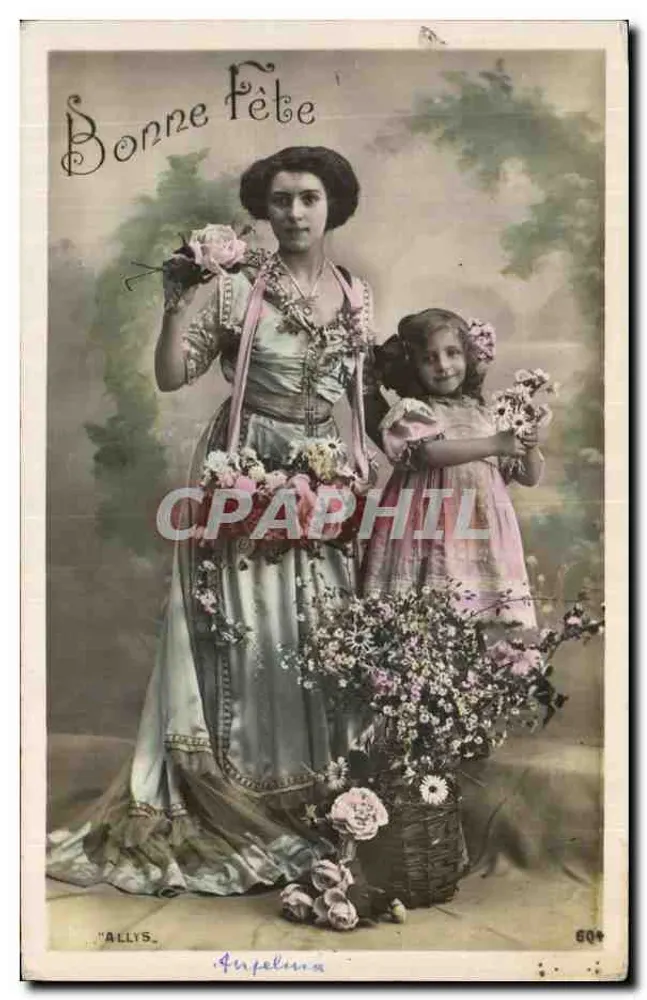 Frau und Kind mit Blumenbouquet — 'Fröhliche Geburtstagsgrüße' — ALLYS, Nr. 604 - Vorderseite