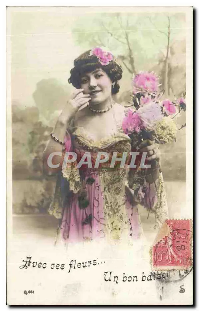 Junge Frau in einem rosa Kleid mit einem Blumenstrauß — Antike Ansichtskarte n° q.441 — Verlag WEL-POSTVEREIN - Vorderseite