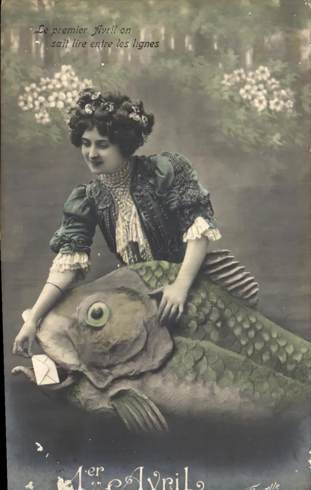Frau auf Fisch — Neujahrstag, 1. April — Verlag Truelle - Vorderseite