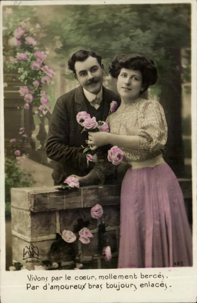 Liebendes Paar — Rosen und Gedicht — Paris, n°425 - Vorderseite