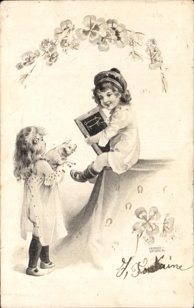Zwei Kinder mit einem kleinen Hund — H. Loretaine — HECEULIS-GEIGERER - Vorderseite