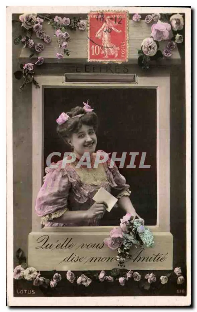Lächelnde Frau in einer mit Rosen dekorierten Briefkarte — Verlag LOTUS, n° 516 - Vorderseite