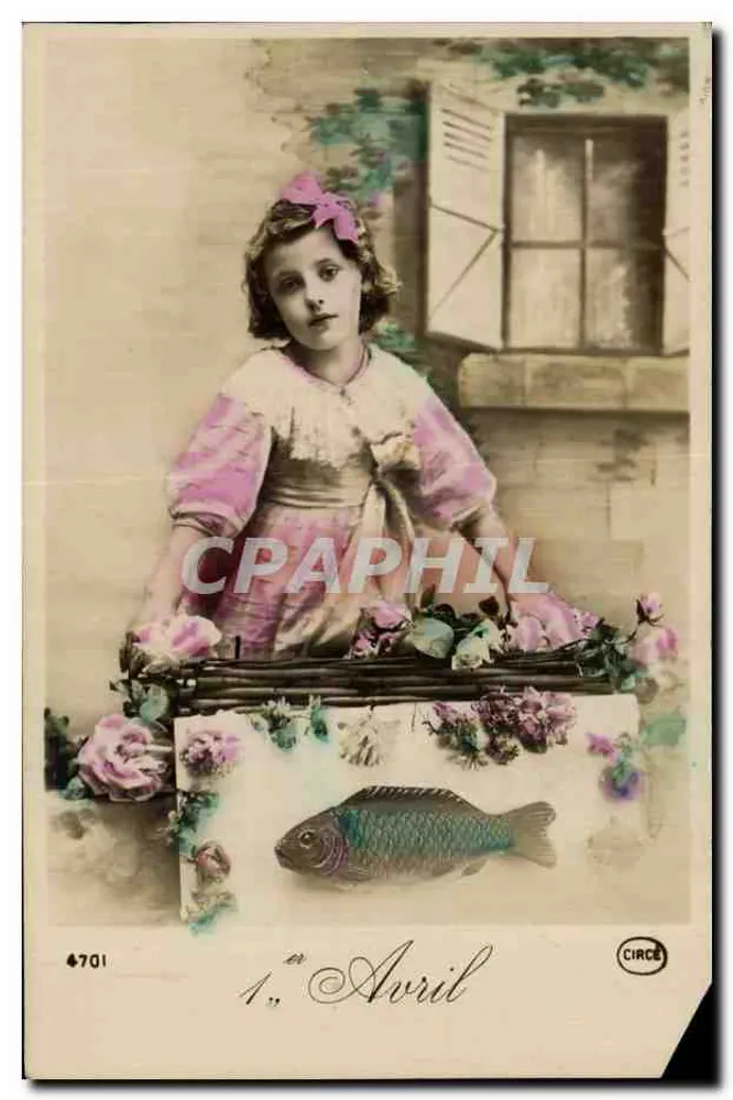 Mädchen mit Blumenkorb und Fisch — 1. April — CIRCE n°4701 - Vorderseite