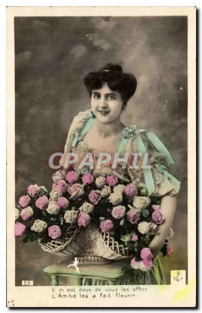 Frau mit einem Rosenstrauß — gedruckter Text — n°53 - Vorderseite