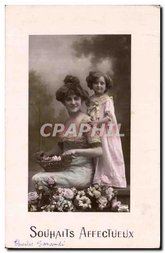 Frau und Kind mit Blumenstrauß — Herzenswünsche — Charles Garaudi, n°324 - Vorderseite