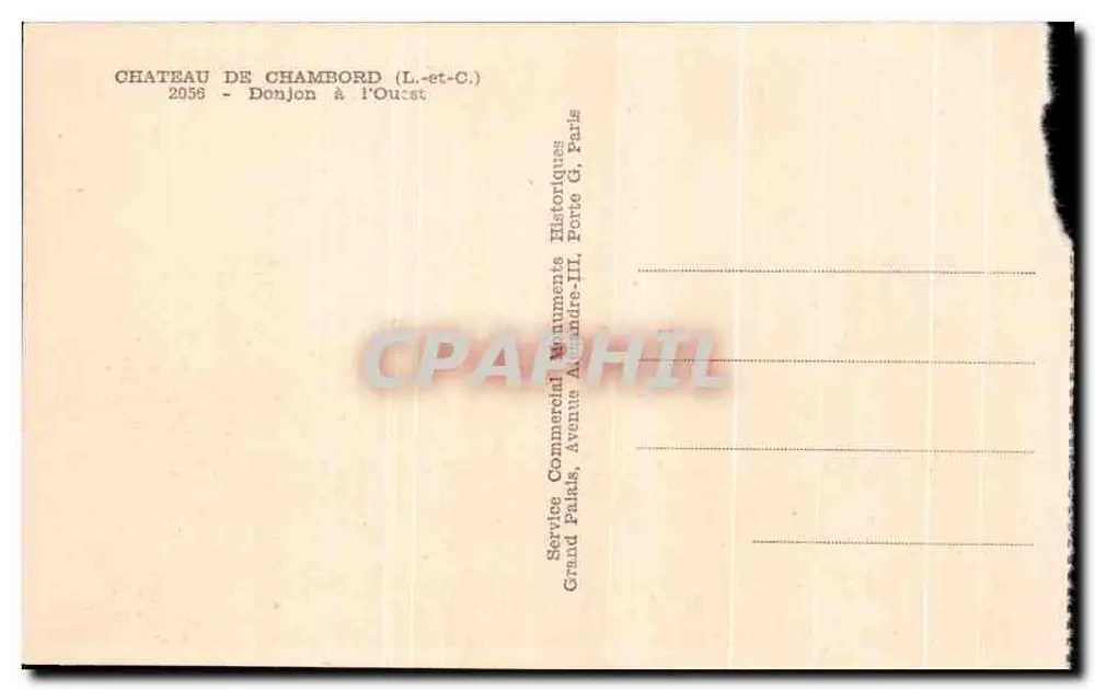Castelo de Chambord — Torre Ocidental — Service Commercial Monuments Historiques, Paris - Verso