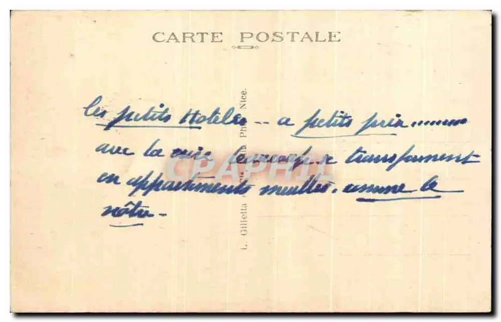 CANNES — Les Hôtels — Les Jardins — éditeur L. Gilletta, Nice — n° 414 - Verso