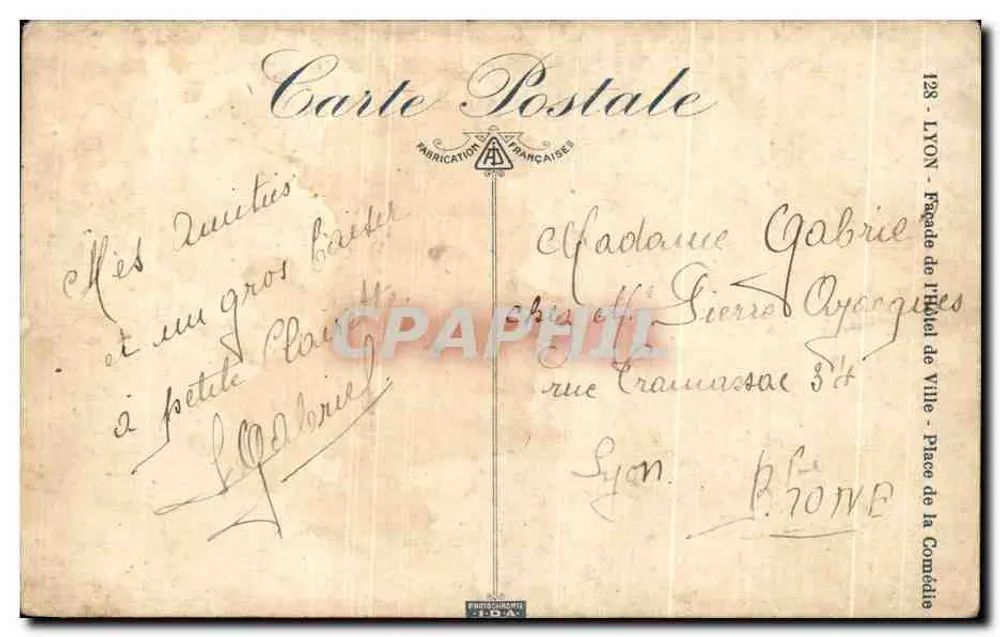 Place de la Comédie — Fassade des Rathauses — Verleger J.O.A. n°128 - Rückseite