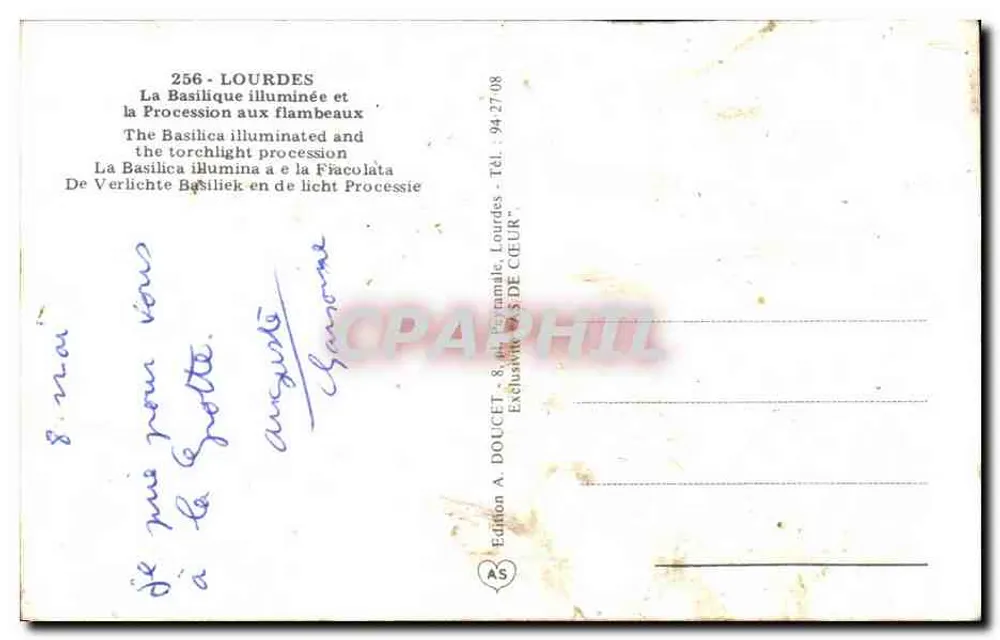 Lourdes — Die beleuchtete Basilika und die Fackelprozession — Edition A. DOUCET - Rückseite