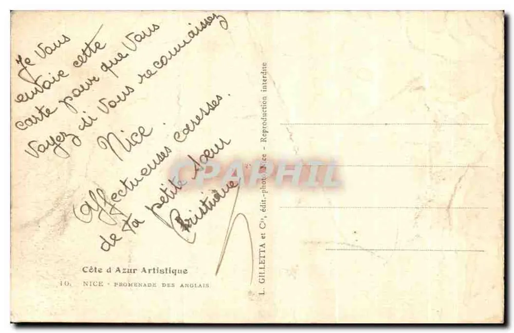 Nice — Promenade des Anglais — L. Gilletta et Cie, éditeur - Verso