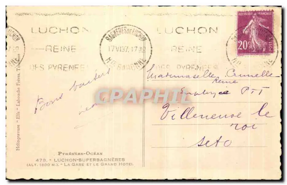 Das Grand Hotel in Luchon — Pyrénées-Orientales — Verlag Hélio, Nr. 19 - Rückseite