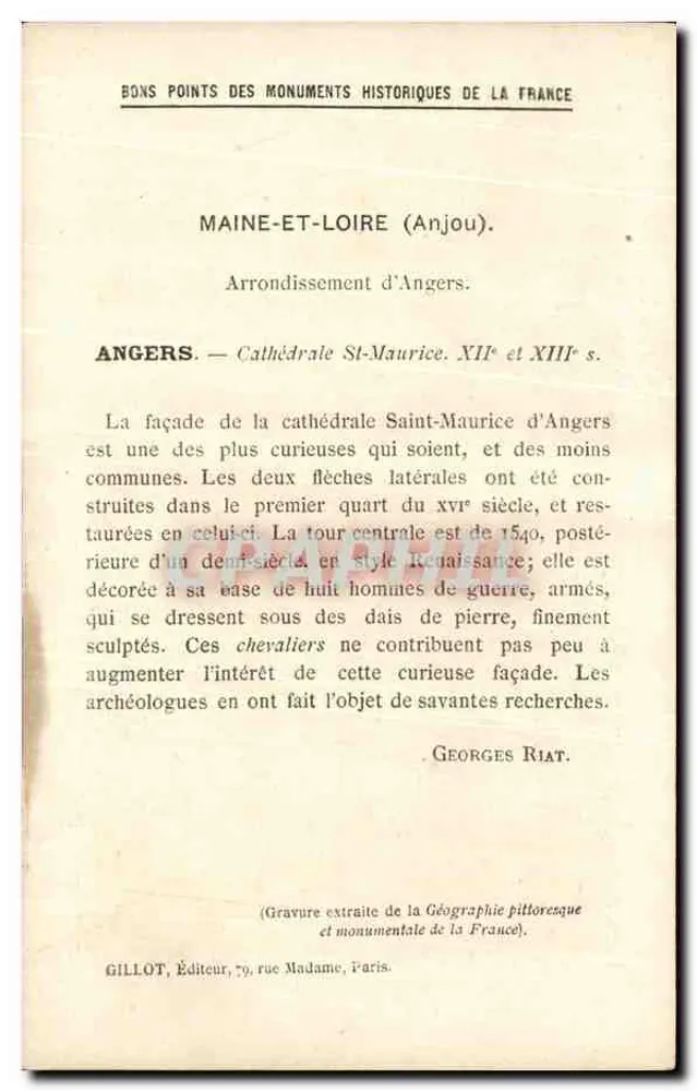 Angers (Maine-et-Loire) — Fachada da Catedral — Os Monumentos Históricos da França (1ª Série). - Verso