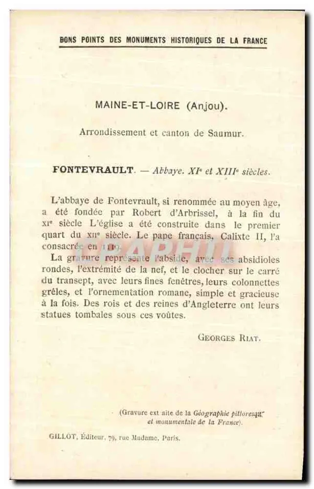 Abadia de Fontevrault (Maine-et-Loire) — Abside lado N.-E. — Les Monuments historiques de la France (1ère Série) — Editor Gillot, Paris - Verso