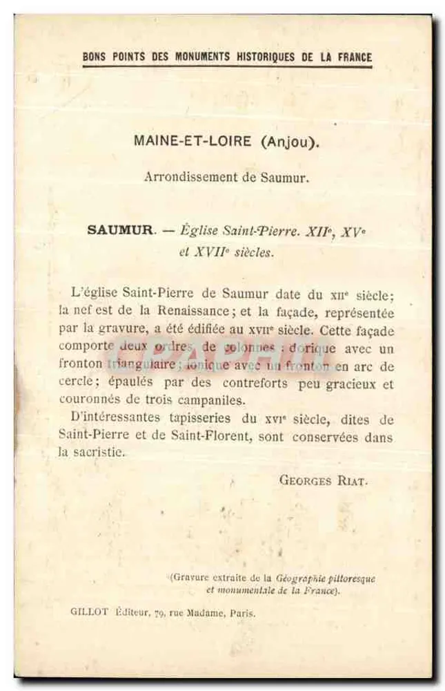 Saumur (Maine-et-Loire) — Igreja de São Pedro. Fachada O. — Les Monuments historiques de la France (1ère Série) - Verso