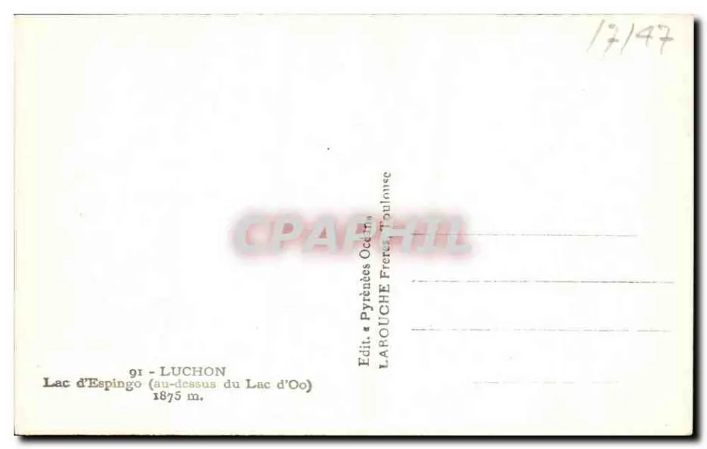 Lago de Espingo — acima do Lago de Oo — editor Larouche Frères, Luchon - Verso