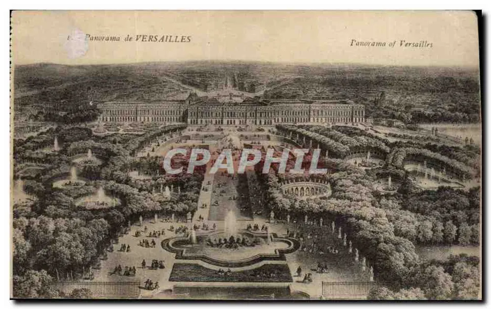 Panorama de VERSAILLES — vue aérienne du château et des jardins — éditeur M. MOREAU ÉDIT. VERSAILLES - Frente
