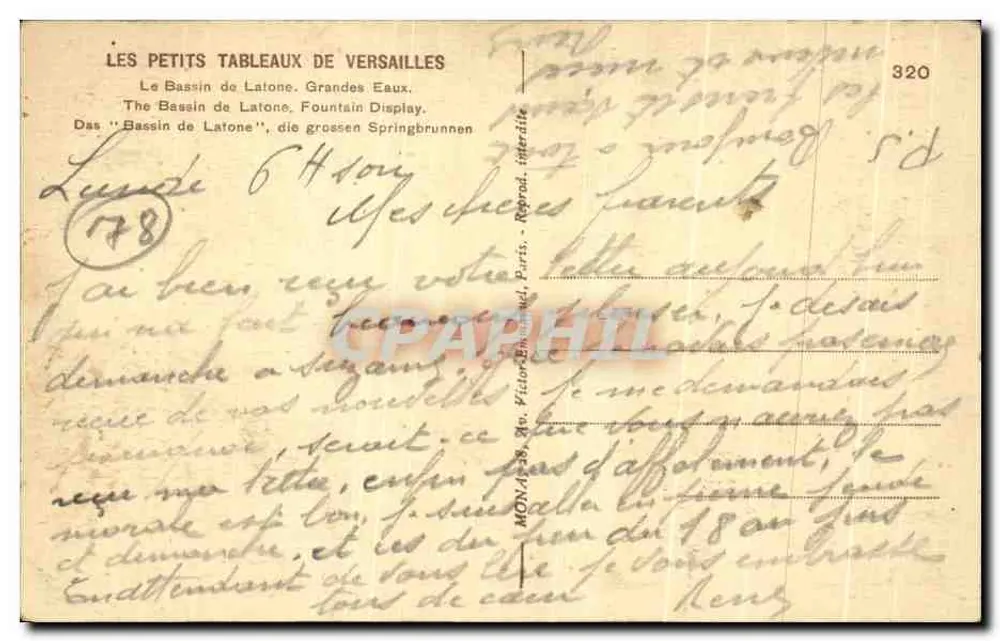 Der Bassin de Latone — Versailles — Verlag Monna, Nr. 320 - Rückseite