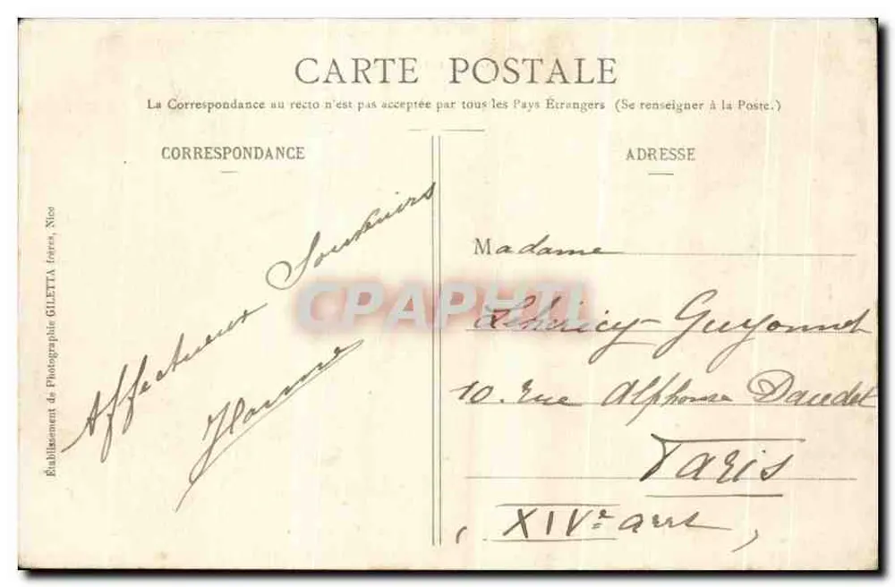 Nice - Jardin der Palmen und Casino — Künstlerische Sammlung, Nr. 11, Verlag Gilettà - Rückseite