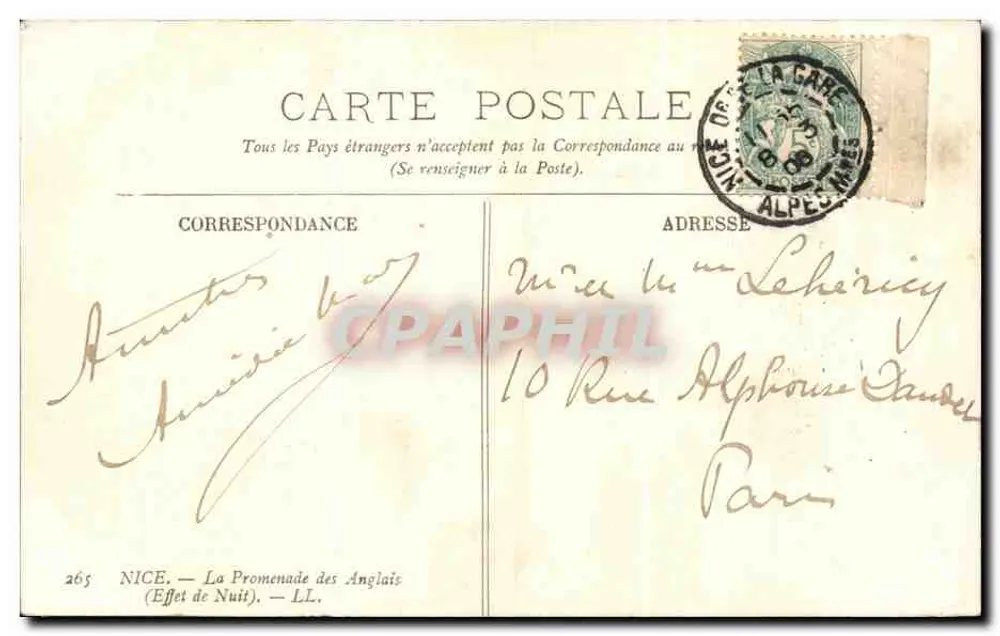 Nice — A Promenade dos Ingleses — Efeito de Noite — LL — Editor LL n°265 - Verso