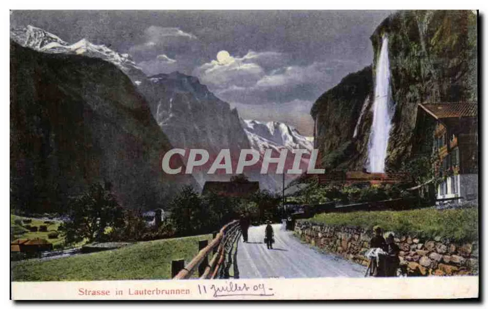 Strasse in Lauterbrunnen — uitzicht op de waterval en bergen — Atelier H. Gudernatsch & Co., Zürich - Voorkant