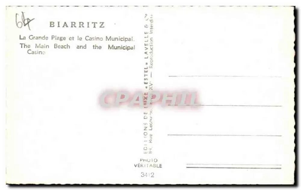 Biarritz — La Grande Plage und das Municipale Casino — Éditions de Luxe 'Estel' - Rückseite