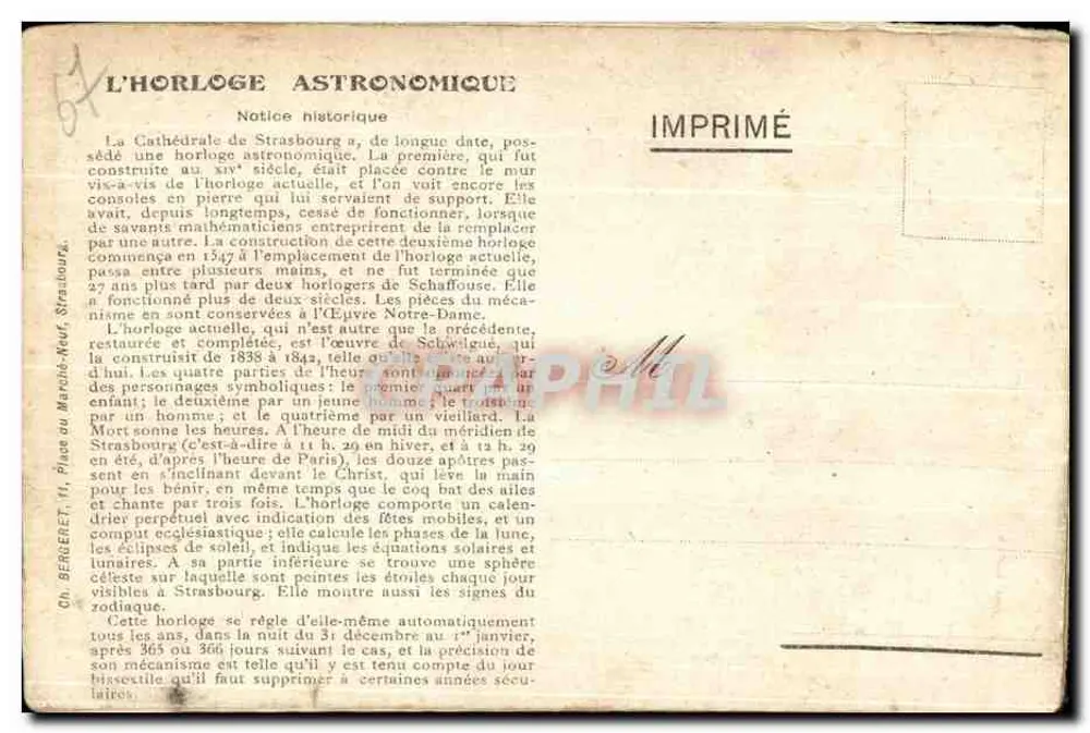 Die astronomische Uhr — Kathedrale Straßburg — Gedruckt von Ch. Berenett - Rückseite