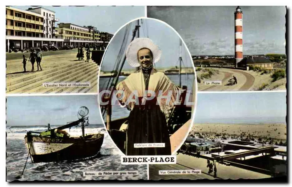 Berck-Plage — Panoramablick mit Leuchtturm, Promenade und Fischboot — Éditions Gaby, Nantes - Vorderseite