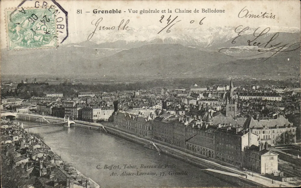 Grenoble - Allgemeiner Blick und die Belledone-Kette — C. Baffert, Tabakladen, Postamt, Av. Alsace-Lorraine, 37, Grenoble - Vorderseite