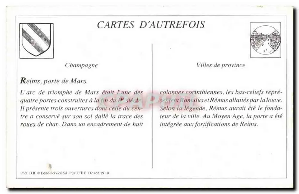 Reims - A Porta Mars — Arco de triunfo romano, editor Edito-Service SA, n° D2 465 - Verso