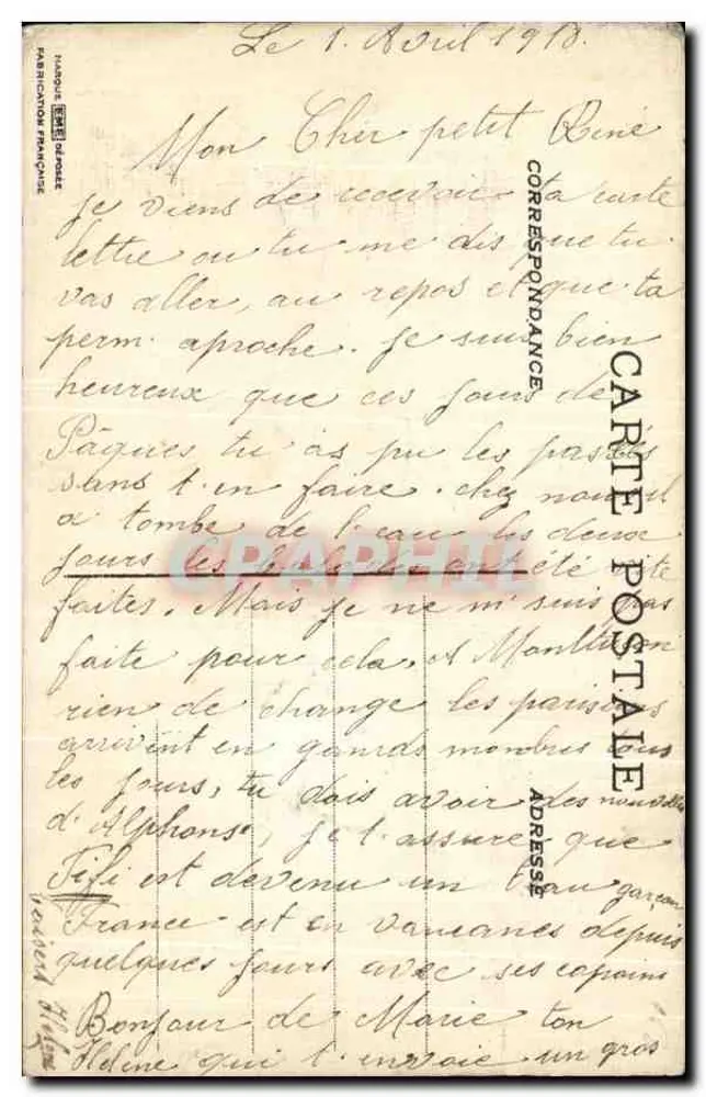 Flores — carta postal com texto manuscrito — Fabrique Française - Verso