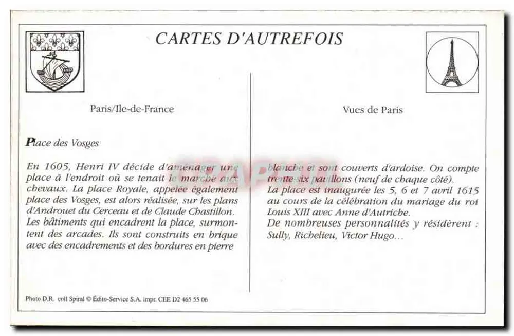 Place des Vosges — Pomnik Ludwika XIV — Édito-Service S.A. n° D2 465 55 06 - Rewers