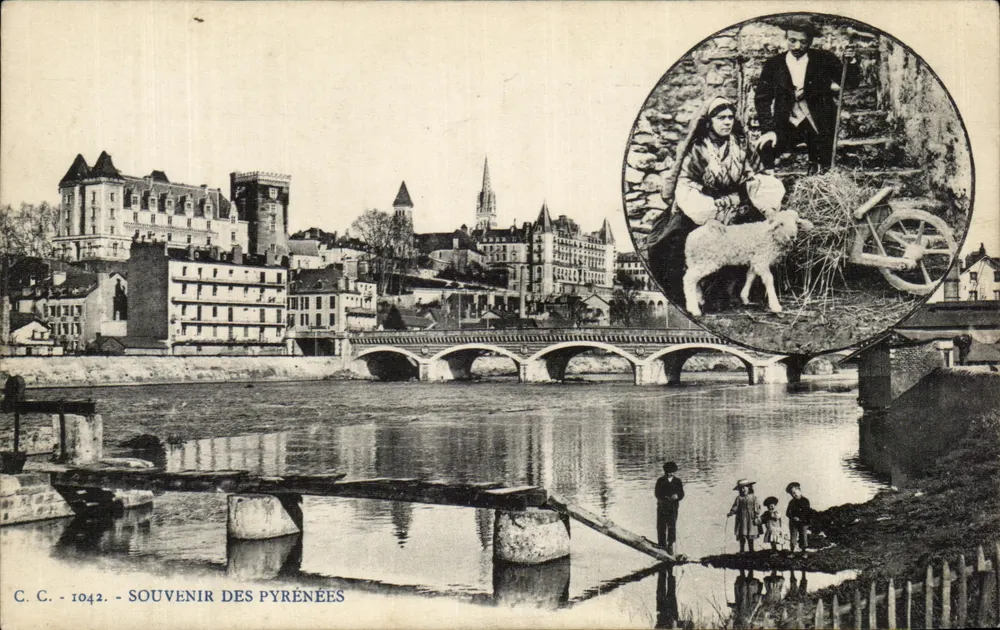 Städtisches Landschaftsbild mit Brücke und ländlichem Stempel - C.C. - 1042 - Erinnerung an die Pyrenäen - Vorderseite