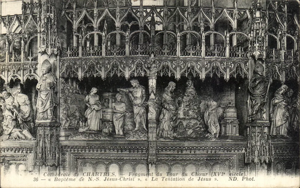 Kathedrale von Chartres — Fragment des Chorwegs (16. Jahrhundert). « Taufe unseres Herrn Jesus Christus », « Die Versuchung Jesu ». - Vorderseite