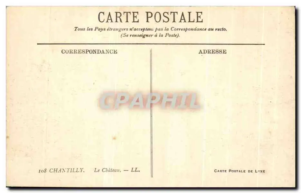 Chantilly — O Castelo — Carte Postale de Luxe n°108 - Verso