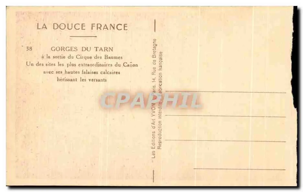 Gorges del Tarn — a la salida del Cirque des Baumes — Les Éditions d'Art Yvon, París - Reverso