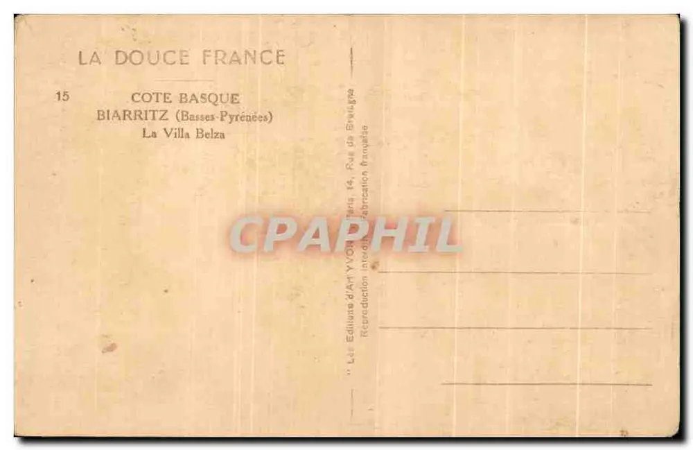 Biarritz (Basses-Pyrénées) — A Villa Belza — Editor de Arte Yvon, n°15 - Verso