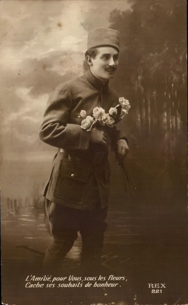 Soldat im Uniform — mit Rosenstrauß — REX 821 - Vorderseite