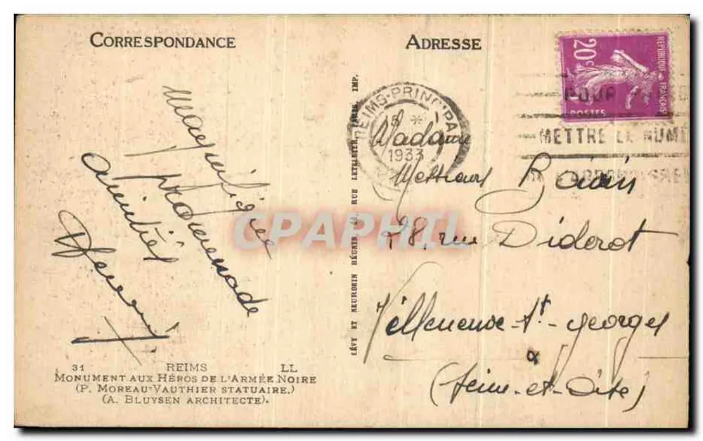 Denkmal für die Helden der Schwarzen Armee — Reims — Verlag: Moreau-Vauthier Statuaire - Rückseite