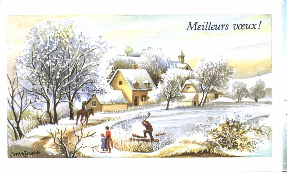 Paisagem invernal — aldeia nevada com cavaleiro e crianças — F. Mainoux - Frente