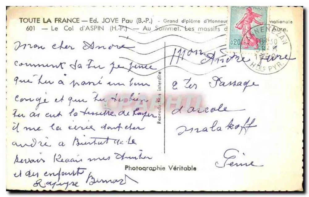 O Col d'Aspin — No topo. Os maciços de Aure — Ed. JOVE Pau (B.P.) - Verso