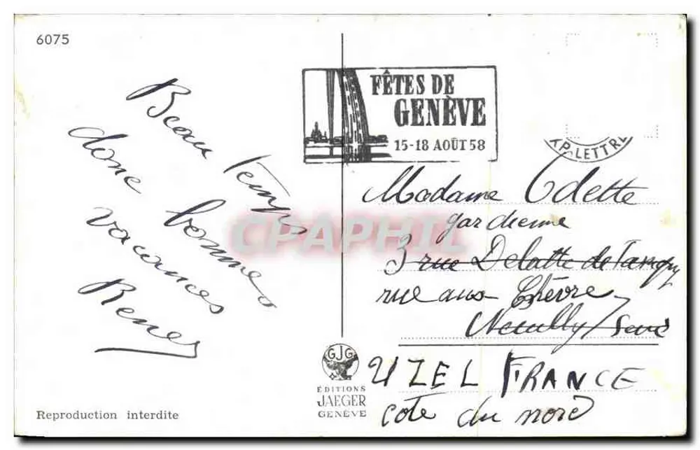 Genf — Vier Ansichten: Der Jet d'eau, die Insel Rousseau, der Quai du Mont-Blanc, die Brücke du Mont-Blanc — Edition Jaeger - Rückseite