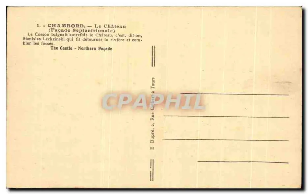 Chambord — Fachada Setentrional — E. Dupré, 2, Rue Cojeter em Tours - Verso