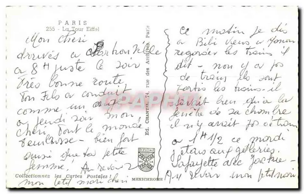 A Torre Eiffel — vista dos Campos de Mars — Éd. Chantaval, n° 255 - Verso