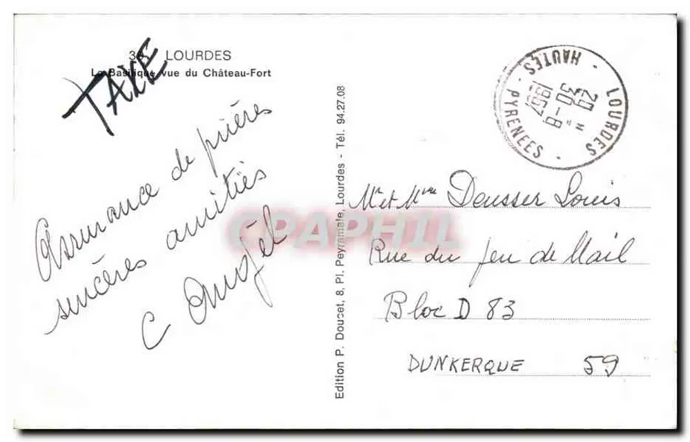 Lourdes — Ansicht des Schlosses — Édition P. Douzet, 8, Pl. Peyramale, Lourdes - Rückseite