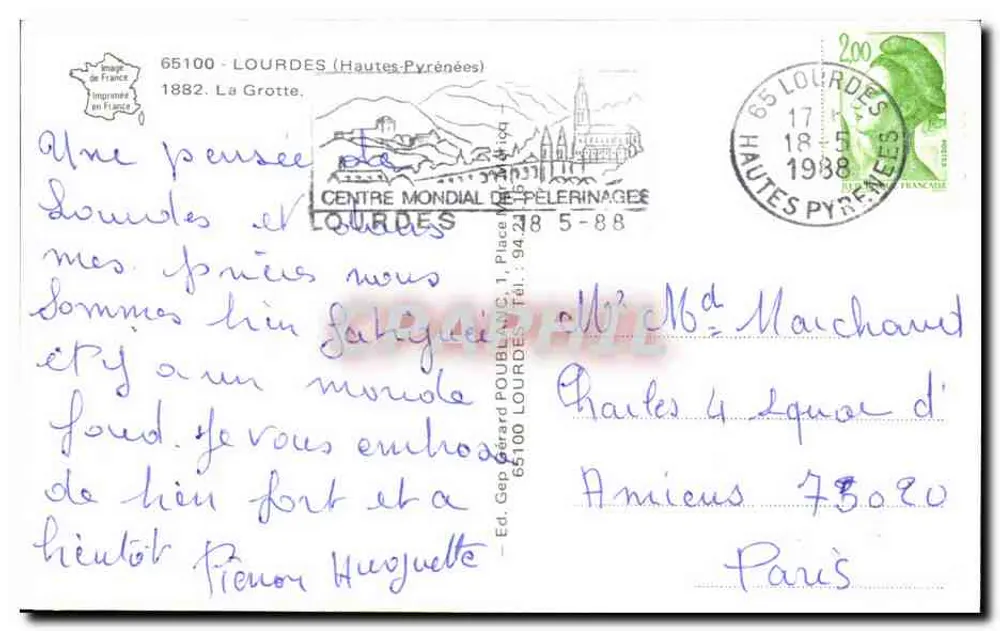 Gruta de Lourdes — Nossa Senhora de Lourdes — Ed. Gérard Poulain, n° 185-88 - Verso