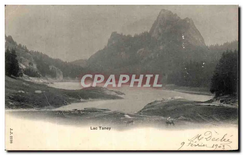 Lago Taney — vista lacustre com montanhas — J.T. 2198 - Frente