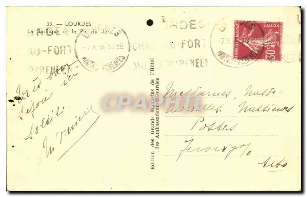 Lourdes — La Basilique et le Pic du Jer — Édition des Grands Magasins de Lourdes - Rückseite