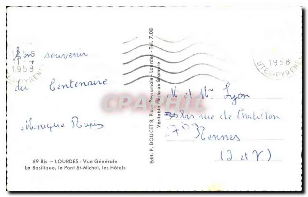 Lourdes — Allgemeiner Blick — Verlag P. Doucet, Stück Pevramale-Lourdes - Rückseite