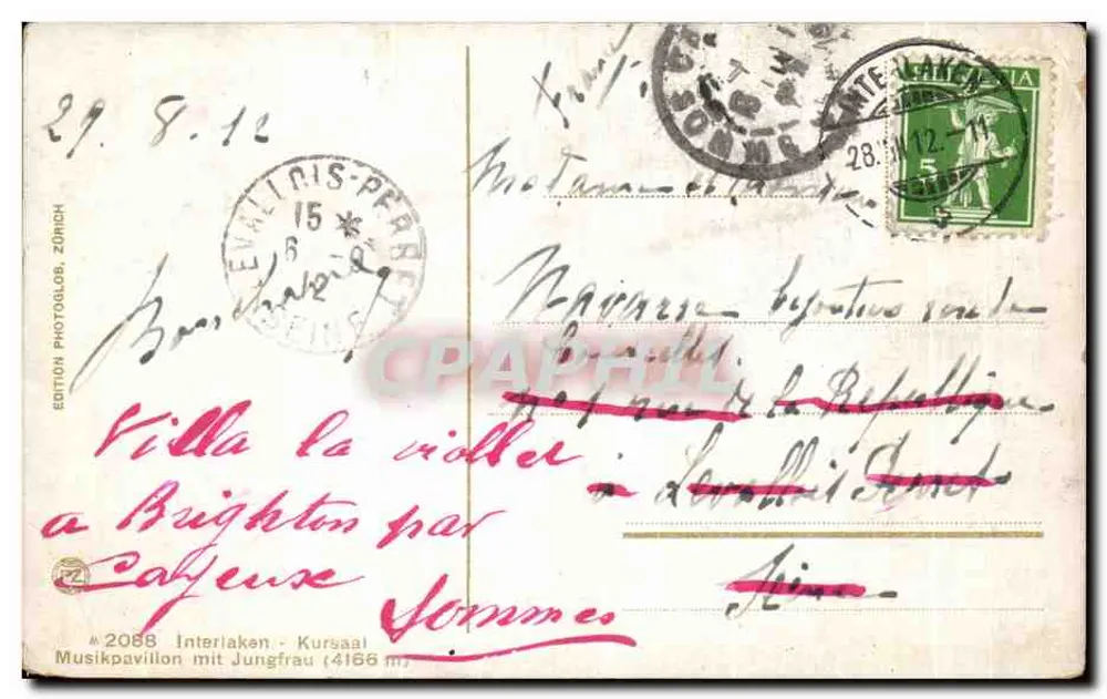 Interlaken - Kursaal - Musikpavillon mit Jungfrau (4166 m) — Édition Photoglos, Zürich, n° 2088 - Rückseite